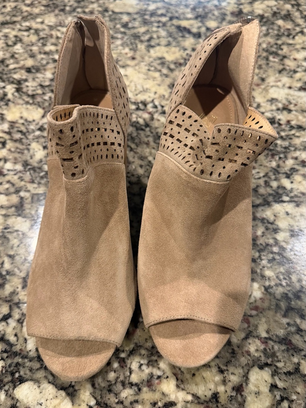 New w/o tags ANTONIO MELANI Tan Suede Peep-Toe Laser-Cut Ankle Booties